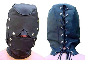 Hood, clip on/off eye & mouth closures. Lace up at back. Available in black only.  
