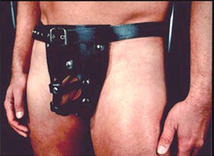 Strong leather pants, detachable cage and belt.
